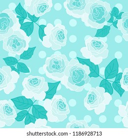 Nice romantic blue roses pattern with dots blue background.