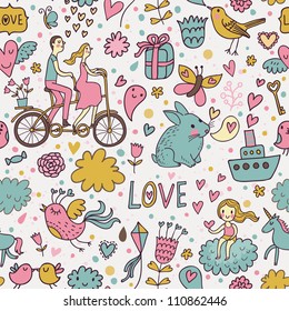 Nice romantic seamless pattern. Lovely background in cartoon style for stylish wallpapers in pastel colors for Valentines Day.