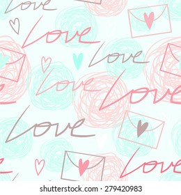 Nice romantic tender pink, blue and white seamless pattern with love words, hearts, scribbles and love letter envelopes