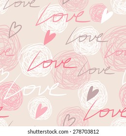 Nice romantic tender pink seamless pattern with love words, hearts and scribbles