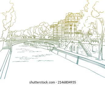 Nice Romantic view old Paris bridge   river Seine  Paris  France  Hand drawn sketch  Line art  Ink drawing  Colorful  vector background white  For illustration   romantic Postcards 