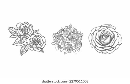 Nice Roses  Vector artwork coloring page, coloring book, black outline hand drawn sketch. Vector element for natural, wedding design, plant, botanical illustration, coloring book, line art.