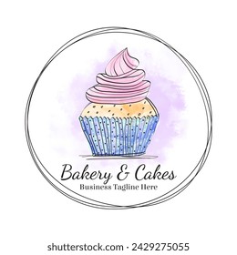 Nice Round Cupcake Logo with in Hand Drawn Doodle Watercolor Style