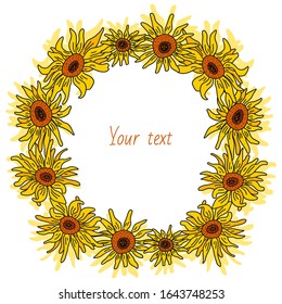 Nice round frame of colorful sunflowers  in doodle multicolor style. Great for cards, invitations, decoration of social media. Place for your text. Vector illustration on white background.