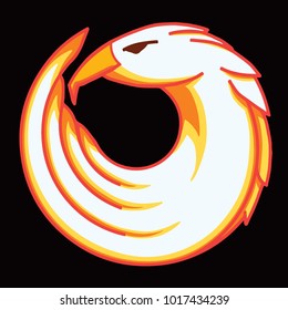 Nice round logo of a bird. Cute albatross with orange and yellow body. Good choice of golden logotype for your company. Design of vector illustration on the black background.