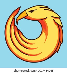 Nice round logo of a bird. Cute albatross with orange and yellow body. Good choice of logotype for your company. Design of vector illustration on the blue background.
