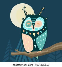 Nice and sad colorful owl sitting on the branch in a forest at full moon night