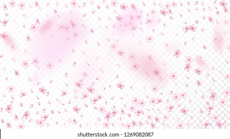 Nice Sakura Blossom Isolated Vector. Beautiful Falling 3d Petals Wedding Pattern. Japanese Blurred Flowers Wallpaper. Valentine, Mother's Day Pastel Nice Sakura Blossom Isolated on White