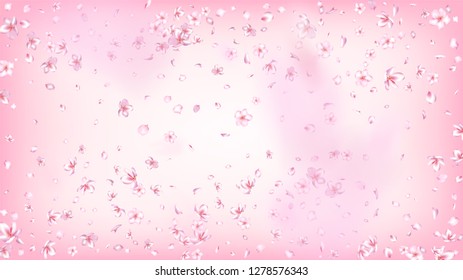 Nice Sakura Blossom Isolated Vector. Beautiful Flying 3d Petals Wedding Border. Japanese Blurred Flowers Illustration. Valentine, Mother's Day Spring Nice Sakura Blossom Isolated on Rose