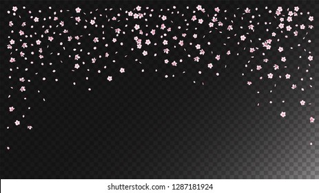 Nice Sakura Blossom Isolated Vector. Tender Blowing 3d Petals Wedding Frame. Japanese Funky Flowers Illustration. Valentine, Mother's Day Summer Nice Sakura Blossom Isolated on Black