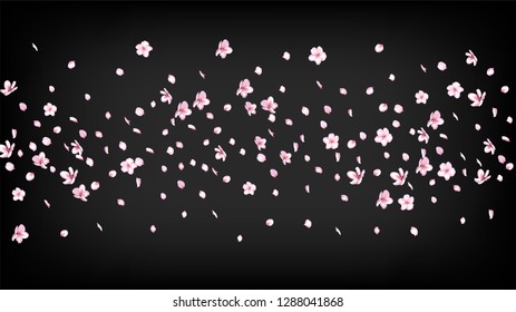 Nice Sakura Blossom Isolated Vector. Spring Showering 3d Petals Wedding Design. Japanese Style Flowers Illustration. Valentine, Mother's Day Summer Nice Sakura Blossom Isolated on Black