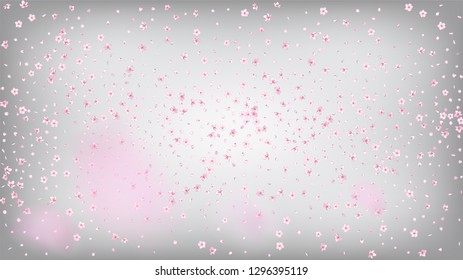 Nice Sakura Blossom Isolated Vector. Feminine Flying 3d Petals Wedding Pattern. Japanese Gradient Flowers Illustration. Valentine, Mother's Day Beautiful Nice Sakura Blossom Isolated on White