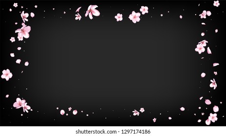 Nice Sakura Blossom Isolated Vector. Spring Falling 3d Petals Wedding Paper. Japanese Beauty Spa Flowers Illustration. Valentine, Mother's Day Watercolor Nice Sakura Blossom Isolated on Black