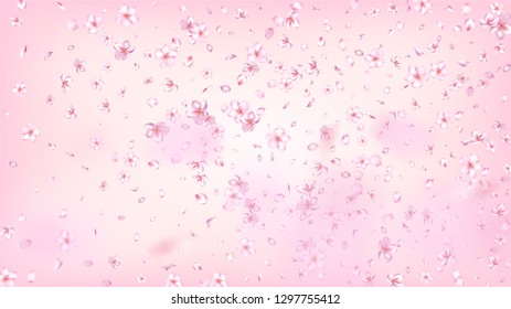 Nice Sakura Blossom Isolated Vector. Spring Blowing 3d Petals Wedding Texture. Japanese Gradient Flowers Wallpaper. Valentine, Mother's Day Summer Nice Sakura Blossom Isolated on Rose