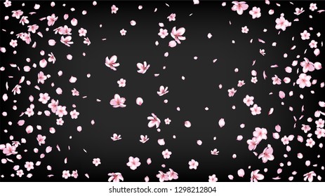 Nice Sakura Blossom Isolated Vector. Watercolor Blowing 3d Petals Wedding Pattern. Japanese Style Flowers Illustration. Valentine, Mother's Day Watercolor Nice Sakura Blossom Isolated on Black