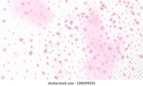 Nice Sakura Blossom Isolated Vector. Pastel Falling 3d Petals Wedding Frame. Japanese Blurred Flowers Illustration. Valentine, Mother's Day Feminine Nice Sakura Blossom Isolated on White