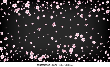 Nice Sakura Blossom Isolated Vector. Watercolor Falling 3d Petals Wedding Frame. Japanese Blooming Flowers Illustration. Valentine, Mother's Day Magic Nice Sakura Blossom Isolated on Black
