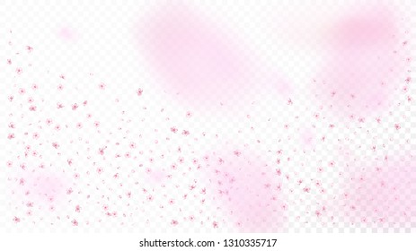 Nice Sakura Blossom Isolated Vector. Pastel Flying 3d Petals Wedding Border. Japanese Blurred Flowers Wallpaper. Valentine, Mother's Day Tender Nice Sakura Blossom Isolated on White