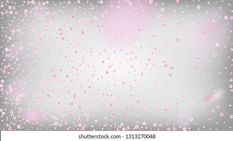Nice Sakura Blossom Isolated Vector. Tender Falling 3d Petals Wedding Frame. Japanese Style Flowers Illustration. Valentine, Mother's Day Magic Nice Sakura Blossom Isolated on White