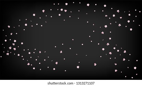 Nice Sakura Blossom Isolated Vector. Watercolor Showering 3d Petals Wedding Border. Japanese Nature Flowers Wallpaper. Valentine, Mother's Day Summer Nice Sakura Blossom Isolated on Black