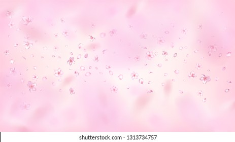 Nice Sakura Blossom Isolated Vector. Pastel Blowing 3d Petals Wedding Pattern. Japanese Blurred Flowers Illustration. Valentine, Mother's Day Realistic Nice Sakura Blossom Isolated on Rose