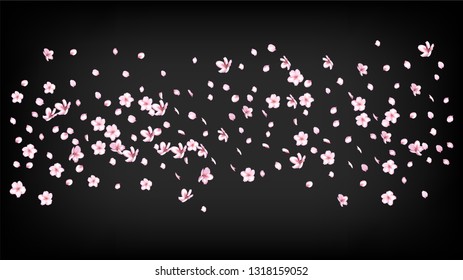 Nice Sakura Blossom Isolated Vector. Beautiful Falling 3d Petals Wedding Pattern. Japanese Beauty Spa Flowers Wallpaper. Valentine, Mother's Day Spring Nice Sakura Blossom Isolated on Black