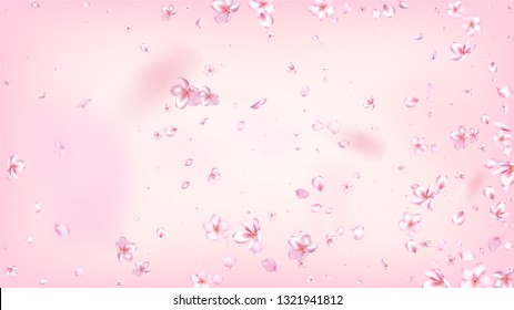 Nice Sakura Blossom Isolated Vector. Spring Flying 3d Petals Wedding Pattern. Japanese Blurred Flowers Wallpaper. Valentine, Mother's Day Beautiful Nice Sakura Blossom Isolated on Rose