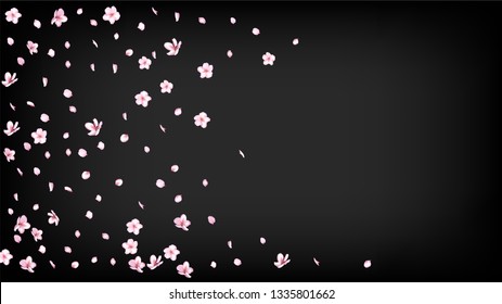 Nice Sakura Blossom Isolated Vector. Spring Showering 3d Petals Wedding Texture. Japanese Gradient Flowers Illustration. Valentine, Mother's Day Tender Nice Sakura Blossom Isolated on Black