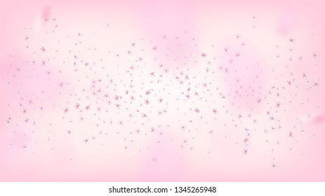 Nice Sakura Blossom Isolated Vector. Pastel Blowing 3d Petals Wedding Paper. Japanese Bokeh Flowers Wallpaper. Valentine, Mother's Day Tender Nice Sakura Blossom Isolated on Rose
