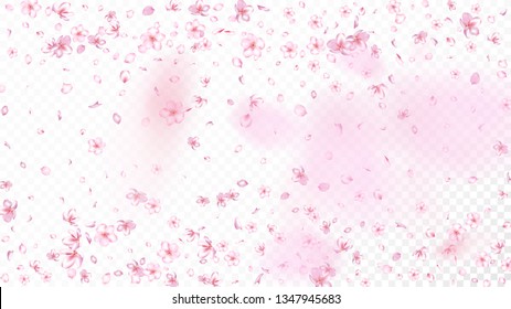 Nice Sakura Blossom Isolated Vector. Magic Flying 3d Petals Wedding Design. Japanese Blooming Flowers Wallpaper. Valentine, Mother's Day Beautiful Nice Sakura Blossom Isolated on White