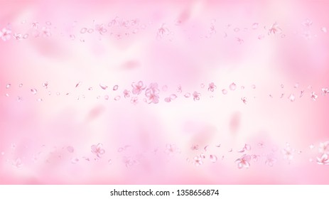 Nice Sakura Blossom Isolated Vector. Realistic Showering 3d Petals Wedding Frame. Japanese Blurred Flowers Wallpaper. Valentine, Mother's Day Beautiful Nice Sakura Blossom Isolated on Rose
