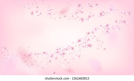 Nice Sakura Blossom Isolated Vector. Watercolor Showering 3d Petals Wedding Design. Japanese Blurred Flowers Wallpaper. Valentine, Mother's Day Pastel Nice Sakura Blossom Isolated on Rose