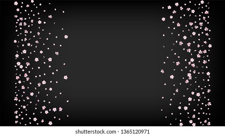 Nice Sakura Blossom Isolated Vector. Tender Showering 3d Petals Wedding Frame. Japanese Style Flowers Wallpaper. Valentine, Mother's Day Beautiful Nice Sakura Blossom Isolated on Black