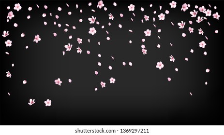 Nice Sakura Blossom Isolated Vector. Pastel Flying 3d Petals Wedding Pattern. Japanese Style Flowers Wallpaper. Valentine, Mother's Day Tender Nice Sakura Blossom Isolated on Black