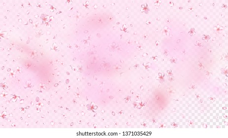 Nice Sakura Blossom Isolated Vector. Tender Blowing 3d Petals Wedding Border. Japanese Nature Flowers Illustration. Valentine, Mother's Day Feminine Nice Sakura Blossom Isolated on Rose