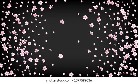 Nice Sakura Blossom Isolated Vector. Watercolor Showering 3d Petals Wedding Pattern. Japanese Blurred Flowers Illustration. Valentine, Mother's Day Feminine Nice Sakura Blossom Isolated on Black