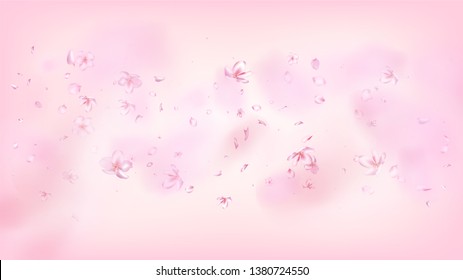 Nice Sakura Blossom Isolated Vector. Realistic Blowing 3d Petals Wedding Frame.  