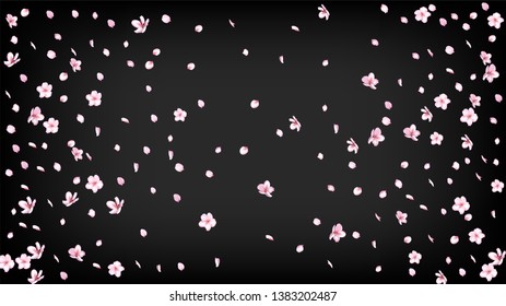 Nice Sakura Blossom Isolated Vector. Spring Flying 3d Petals Wedding Design. Japanese Oriental Flowers Illustration. Valentine, Mother's Day Feminine Nice Sakura Blossom Isolated on Black