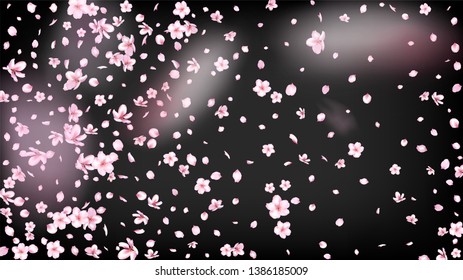 Nice Sakura Blossom Isolated Vector. Spring Blowing 3d Petals Wedding Paper. Japanese Funky Flowers Illustration. Valentine, Mother's Day Spring Nice Sakura Blossom Isolated on Black