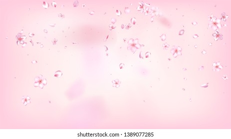 Nice Sakura Blossom Isolated Vector. Feminine Blowing 3d Petals Wedding Pattern. Japanese Bokeh Flowers Illustration. Valentine, Mother's Day Realistic Nice Sakura Blossom Isolated on Rose