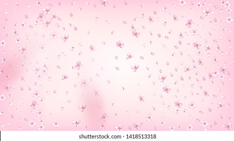 Nice Sakura Blossom Isolated Vector. Magic Flying 3d Petals Wedding Border. Japanese Blurred Flowers Illustration. Valentine, Mother's Day Beautiful Nice Sakura Blossom Isolated on Rose