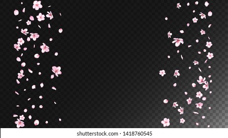 Nice Sakura Blossom Isolated Vector. Watercolor Falling 3d Petals Wedding Paper. Japanese Bokeh Flowers Wallpaper. Valentine, Mother's Day Summer Nice Sakura Blossom Isolated on Black
