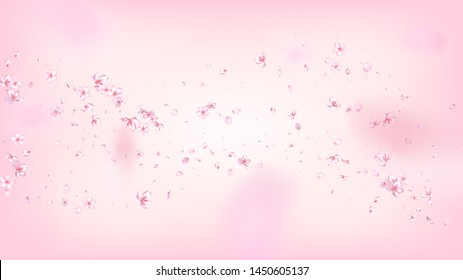 Nice Sakura Blossom Isolated Vector. Watercolor Falling 3d Petals Wedding Border. Japanese Gradient Flowers Wallpaper. Valentine, Mother's Day Realistic Nice Sakura Blossom Isolated on Rose