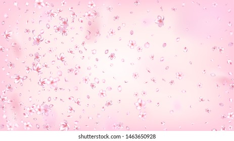 Nice Sakura Blossom Isolated Vector. Realistic Flying 3d Petals Wedding Frame. Japanese Style Flowers Illustration. Valentine, Mother's Day Realistic Nice Sakura Blossom Isolated on Rose