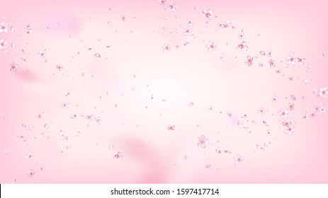 Nice Sakura Blossom Isolated Vector. Beautiful Showering 3d Petals Wedding Pattern. Japanese Funky Flowers Illustration. Valentine, Mother's Day Watercolor Nice Sakura Blossom Isolated on Rose
