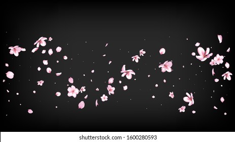 Nice Sakura Blossom Isolated Vector. Spring Flying 3d Petals Wedding Texture. Japanese Bokeh Flowers Illustration. Valentine, Mother's Day Feminine Nice Sakura Blossom Isolated on Black