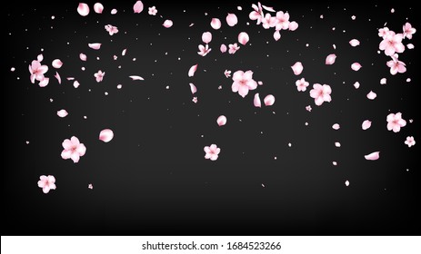 Nice Sakura Blossom Isolated Vector. Beautiful Flying 3d Petals Wedding Border. Japanese Funky Flowers Wallpaper. Valentine, Mother's Day Magic Nice Sakura Blossom Isolated on Black