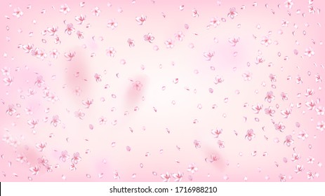 Nice Sakura Blossom Isolated Vector. Beautiful Falling 3d Petals Wedding Frame. Japanese Bokeh Flowers Illustration. Valentine, Mother's Day Tender Nice Sakura Blossom Isolated on Rose