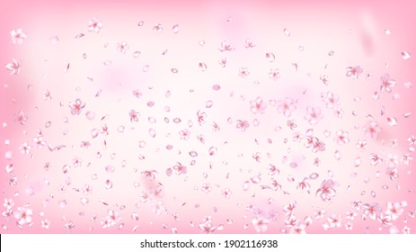 Nice Sakura Blossom Isolated Vector. Beautiful Flying 3d Petals Wedding Texture. Japanese Bokeh Flowers Illustration. Valentine, Mother's Day Magic Nice Sakura Blossom Isolated on Rose