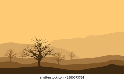 Schöne Landschaft bei Sonnenuntergang mit Baum und Berge Silhouette. Stadtvektor